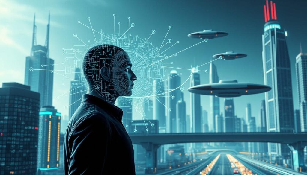 A highly detailed digital illustration depicting the role of AI in identity verification. A central human figure stands in the foreground, their face being scanned by advanced biometric technology. In the middle ground, a complex network of AI algorithms and data flows interconnect, analyzing and verifying the individual's identity. The background showcases a futuristic cityscape, with towering skyscrapers and hovering transport vehicles, all powered by the latest advancements in artificial intelligence. The scene is bathed in a cool, technological color palette, with hints of blue and green illuminating the frame. Crisp lighting, deep shadows, and a cinematic depth of field create a sense of depth and atmosphere, reflecting the cutting-edge nature of this emerging technology.