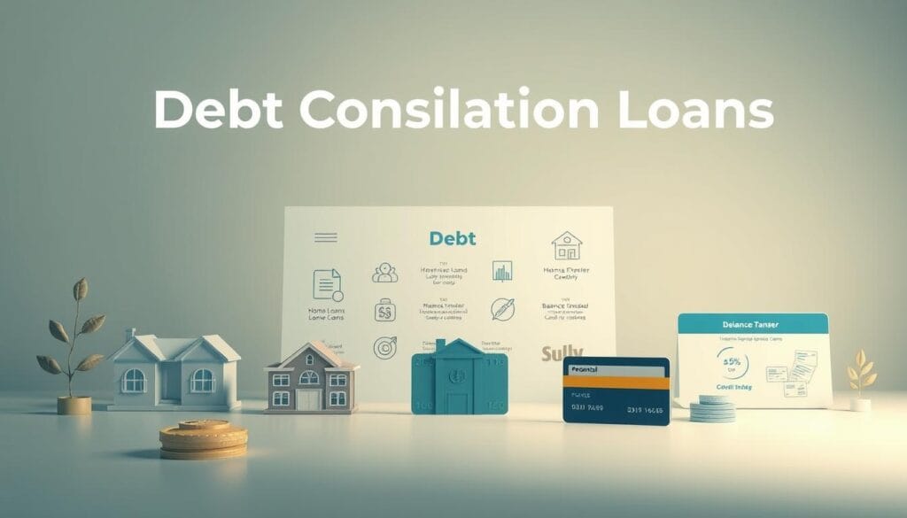 A highly detailed illustration showcasing various types of debt consolidation loans. In the foreground, prominent loan options are displayed, such as personal loans, home equity loans, and balance transfer credit cards, each with distinct visual cues. The middle ground features a clean, minimalist design with subtle financial icons and infographic elements, creating a sense of financial organization and clarity. The background is a soft, muted gradient, providing a serene and professional backdrop that emphasizes the subject matter. The lighting is soft and diffused, creating a sense of depth and dimension. The overall composition is balanced and visually appealing, inviting the viewer to explore the different consolidation loan options. A highly detailed illustration showcasing various types of debt consolidation loans. In the foreground, prominent loan options are displayed, such as personal loans, home equity loans, and balance transfer credit cards, each with distinct visual cues. The middle ground features a clean, minimalist design with subtle financial icons and infographic elements, creating a sense of financial organization and clarity. The background is a soft, muted gradient, providing a serene and professional backdrop that emphasizes the subject matter. The lighting is soft and diffused, creating a sense of depth and dimension. The overall composition is balanced and visually appealing, inviting the viewer to explore the different consolidation loan options.