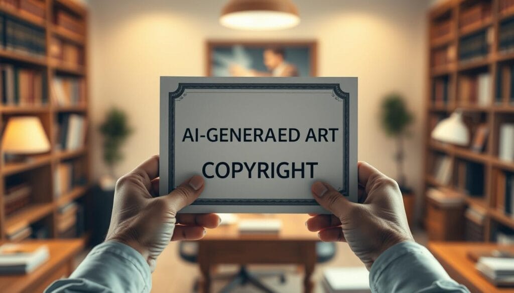 A highly detailed, photorealistic image of a pair of hands holding a digital certificate or document with the text "AI-GENERATED ART COPYRIGHT" prominently displayed. The hands are set against a blurred, soft-focus background of an office or study, with bookshelves, a desk, and other office equipment visible in the distance. The lighting is warm and natural, creating a sense of professionalism and authority. The overall composition and mood of the image conveys the legal considerations and intellectual property issues surrounding the creation and sale of AI-generated art. A highly detailed, photorealistic image of a pair of hands holding a digital certificate or document with the text "AI-GENERATED ART COPYRIGHT" prominently displayed. The hands are set against a blurred, soft-focus background of an office or study, with bookshelves, a desk, and other office equipment visible in the distance. The lighting is warm and natural, creating a sense of professionalism and authority. The overall composition and mood of the image conveys the legal considerations and intellectual property issues surrounding the creation and sale of AI-generated art.