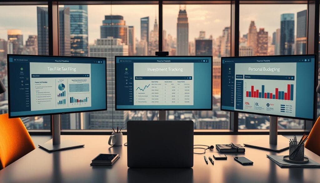 A highly detailed, photorealistic scene showcasing the top-rated financial preparation platforms in a modern, sleek office setting. The foreground features three digital screens displaying intuitive user interfaces for tax filing, investment tracking, and personal budgeting software. In the middle ground, a minimalist desk with a laptop, smartphone, and various office supplies creates a productive work environment. The background depicts floor-to-ceiling windows overlooking a bustling cityscape, bathed in warm, natural lighting. The overall mood is one of efficiency, professionalism, and technological sophistication, conveying the reliability and user-friendliness of the featured financial preparation platforms.