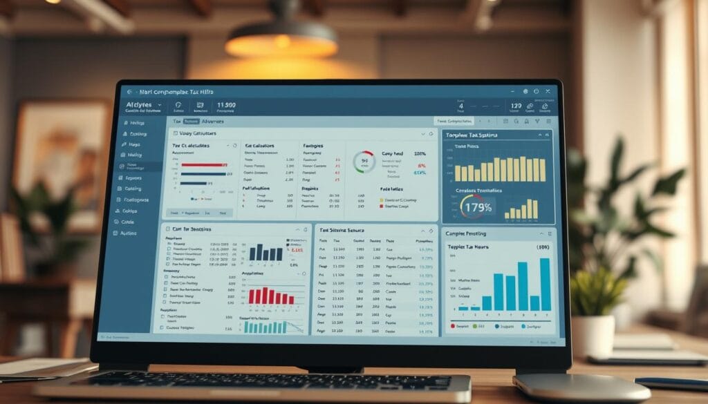 A highly detailed, professionally designed tax software interface for complex tax returns. The foreground shows a sleek, modern desktop application with a clean, intuitive layout, featuring a variety of advanced tools and options tailored for handling complex tax situations. The middle ground showcases various data visualizations, tax calculators, and comprehensive reporting features. The background is a softly blurred office environment, with a sense of focus and productivity. Warm, neutral lighting casts a professional, trustworthy atmosphere, captured with a shallow depth of field and a high-quality camera lens.