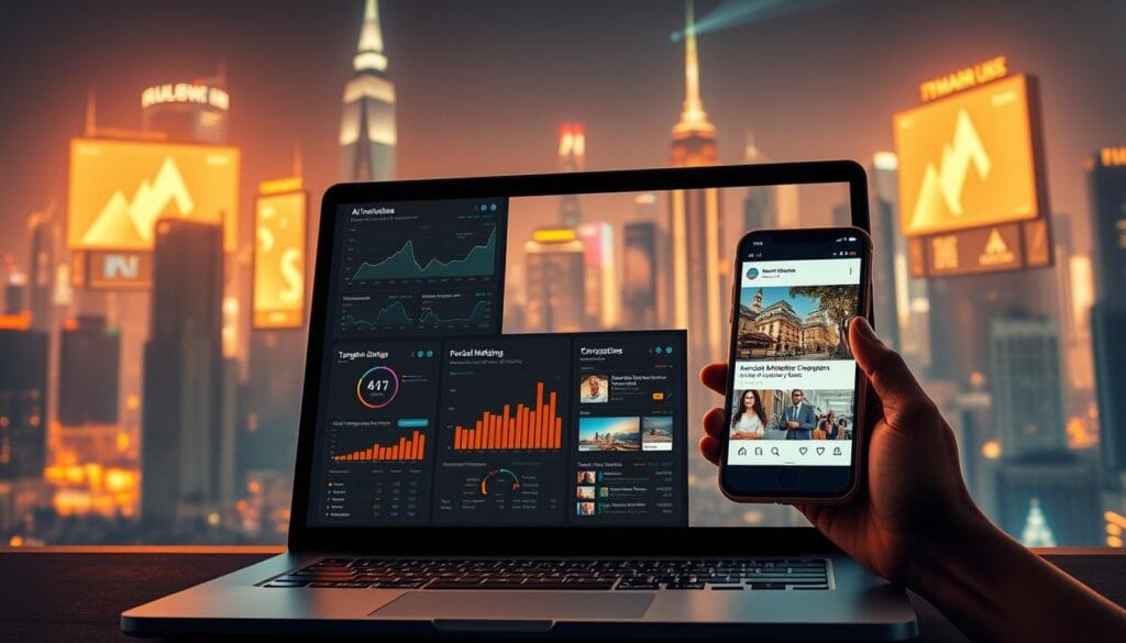 A highly realistic, cinematic digital illustration of AI-powered digital marketing tools. In the foreground, a laptop screen displays various analytics dashboards, with visualization charts, metrics, and AI-generated insights. In the middle ground, a smartphone shows targeted social media campaigns and personalized marketing content. In the background, a futuristic city skyline with glowing skyscrapers and holographic billboards, bathed in a warm, amber-hued lighting, conveying a sense of technological advancement and innovation. The overall mood is one of efficiency, precision, and the seamless integration of AI into the world of digital marketing. A highly realistic, cinematic digital illustration of AI-powered digital marketing tools. In the foreground, a laptop screen displays various analytics dashboards, with visualization charts, metrics, and AI-generated insights. In the middle ground, a smartphone shows targeted social media campaigns and personalized marketing content. In the background, a futuristic city skyline with glowing skyscrapers and holographic billboards, bathed in a warm, amber-hued lighting, conveying a sense of technological advancement and innovation. The overall mood is one of efficiency, precision, and the seamless integration of AI into the world of digital marketing.