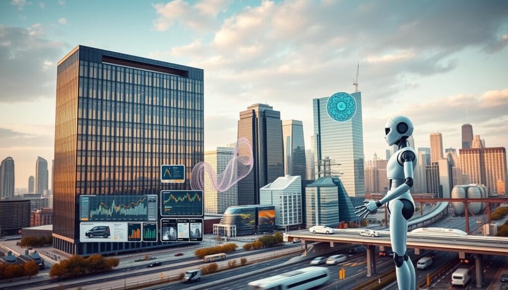 A large, modern office building with sleek, glass-walled architecture stands prominently in the foreground, housing the headquarters of a leading AI company. In the middle ground, various AI-powered applications are depicted - a financial trading dashboard, a medical imaging analysis tool, an autonomous vehicle, and an educational robot tutor. The background features a bustling cityscape, with skyscrapers and transportation hubs, reflecting the widespread integration of AI across diverse industries. The scene is bathed in warm, directional lighting, conveying a sense of innovation, progress, and the transformative power of artificial intelligence.