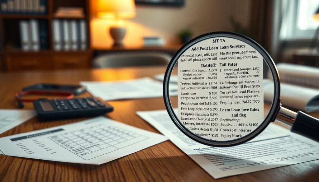 A large wooden desk, its surface covered with financial documents, loan application forms, and a calculator. In the foreground, a magnifying glass hovers over the fine print, illuminating the details of interest rates, fees, and repayment terms. The background is a softly blurred office setting, with a warm, inviting glow from a nearby lamp. The overall atmosphere is one of careful consideration and financial decision-making, reflecting the importance of understanding the nuances of a home improvement loan. A large wooden desk, its surface covered with financial documents, loan application forms, and a calculator. In the foreground, a magnifying glass hovers over the fine print, illuminating the details of interest rates, fees, and repayment terms. The background is a softly blurred office setting, with a warm, inviting glow from a nearby lamp. The overall atmosphere is one of careful consideration and financial decision-making, reflecting the importance of understanding the nuances of a home improvement loan.