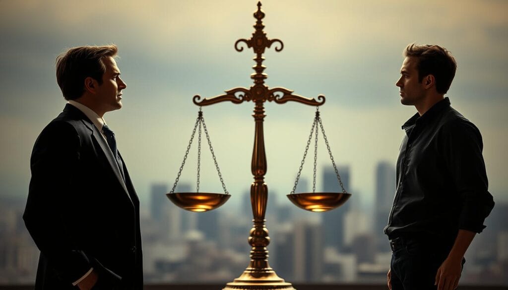 A legal dispute between two figures, one wearing a suit and the other in casual attire, stands before a towering scale of justice, symbolizing the complex legal landscape of AI art. The scene is rendered in a realistic, cinematic style, with dramatic lighting casting dramatic shadows. The background features a blurred cityscape, hinting at the broader societal implications of this debate. The overall atmosphere conveys a sense of tension and the high stakes involved in navigating the legalities of this emerging creative field. A legal dispute between two figures, one wearing a suit and the other in casual attire, stands before a towering scale of justice, symbolizing the complex legal landscape of AI art. The scene is rendered in a realistic, cinematic style, with dramatic lighting casting dramatic shadows. The background features a blurred cityscape, hinting at the broader societal implications of this debate. The overall atmosphere conveys a sense of tension and the high stakes involved in navigating the legalities of this emerging creative field.