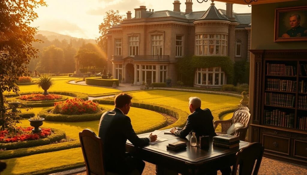 A luxurious manor house nestled amidst sprawling, meticulously manicured gardens. The stately building, adorned with ornate architectural details, exudes an air of affluence and exclusivity. Warm sunlight filters through large windows, casting a soft glow over the interior. In the foreground, a well-dressed couple sits at an ornate desk, deep in discussion, surrounded by shelves of leather-bound books and a tasteful selection of artworks. The scene conveys a sense of thoughtful deliberation and careful planning, reflecting the importance of comprehensive estate management for high net worth individuals.