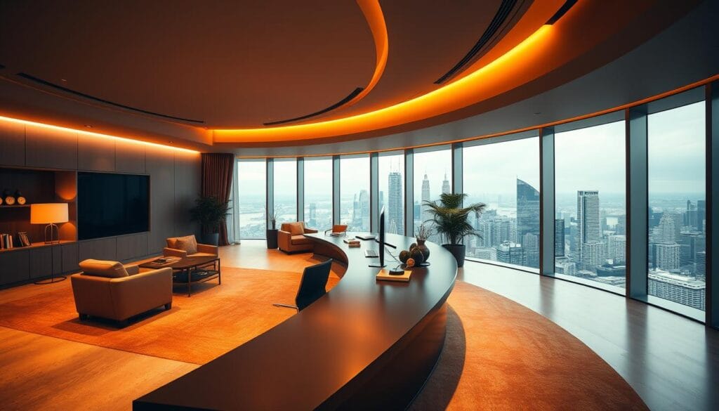 A luxurious office interior, illuminated by warm, directional lighting. Sleek, contemporary furniture in rich, muted tones. A large, curved desk dominates the foreground, topped with a state-of-the-art computer setup and tasteful décor. In the background, floor-to-ceiling windows offer a panoramic view of a bustling city skyline. The overall atmosphere exudes a sense of professionalism, sophistication, and financial acumen, reflecting the expertise of a wealth management firm.