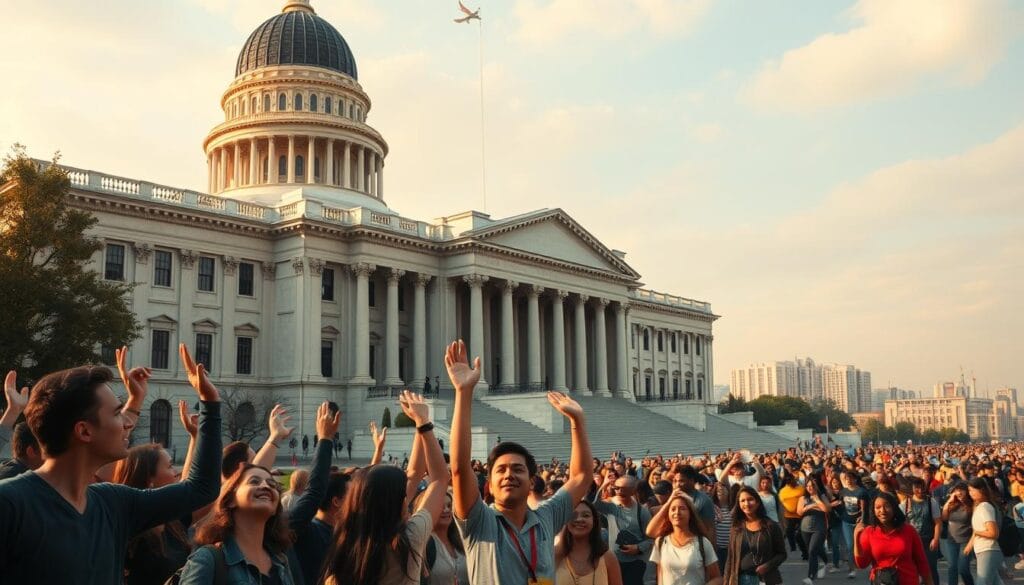 A magnificent government building, its grand facade bathed in warm, golden light, stands as a symbol of the promise of student loan forgiveness. In the foreground, a group of diverse individuals, their faces alight with hope, gathers before the towering structure, their hands raised in a gesture of relief and gratitude. The midground reveals a sea of students, their burdens lifted, as they stride confidently towards a future free from the shackles of debt. In the background, a vibrant cityscape painted in soft, muted tones sets the stage for this pivotal moment, where the pursuit of education is no longer hindered by the weight of financial obligations.