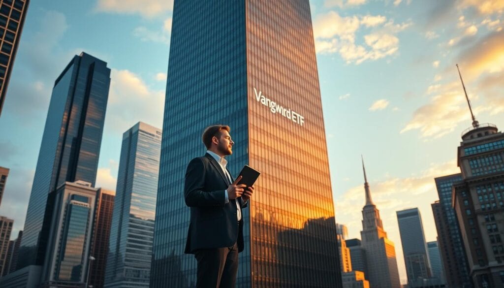 A majestic, towering skyscraper in the heart of a bustling financial district, its sleek, modern facade bathed in warm, golden light. In the foreground, a well-dressed investor stands confidently, with a tablet in hand, overlooking the cityscape. The Vanguard Growth ETF logo is prominently displayed on the side of the building, symbolizing the strength and stability of this large-cap growth investment vehicle. The scene conveys an atmosphere of prosperity, vision, and the promise of long-term financial success. A majestic, towering skyscraper in the heart of a bustling financial district, its sleek, modern facade bathed in warm, golden light. In the foreground, a well-dressed investor stands confidently, with a tablet in hand, overlooking the cityscape. The Vanguard Growth ETF logo is prominently displayed on the side of the building, symbolizing the strength and stability of this large-cap growth investment vehicle. The scene conveys an atmosphere of prosperity, vision, and the promise of long-term financial success.