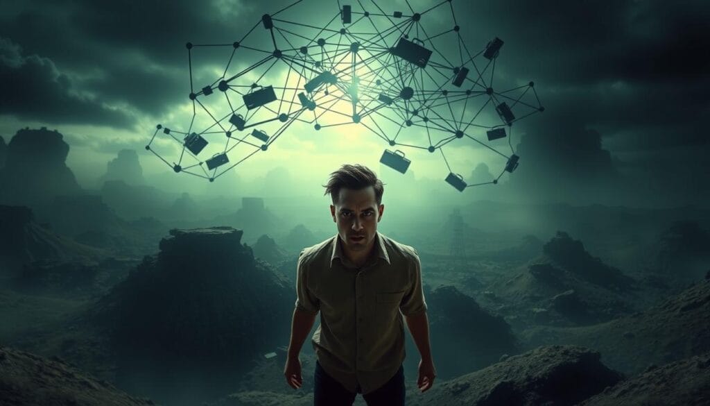 A mesmerizing illustration of the debt cycle of payday loans. In the foreground, a person trapped in a vicious loop, borrowing from one payday lender to pay off another, their expressions conveying the weight of their financial burdens. The middle ground depicts a web of lenders, each offering short-term relief but ensnaring the borrower further. In the background, a stark landscape of despair, with shadows of debt looming over the individual. Subtle yet powerful lighting casts an ominous tone, the scene captured through a wide-angle lens to emphasize the overwhelming nature of the problem. This impactful visual metaphor showcases the need for viable payday loan alternatives in the USA.