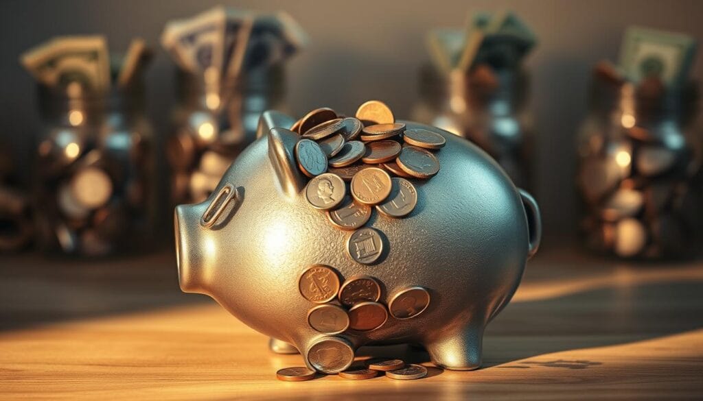 A metal piggy bank filled to the brim with an assortment of coins, including pennies, nickels, dimes, and quarters, resting on a wooden surface. The piggy bank is illuminated by warm, diffused light, casting gentle shadows that accentuate its textured surface. In the background, a blurred array of bills and additional coin jars suggests a cozy, domestic setting, evoking a sense of financial security and savings. The overall composition emphasizes the accumulation of spare change, capturing the essence of how round-up savings apps work to effortlessly build up one's nest egg over time. A metal piggy bank filled to the brim with an assortment of coins, including pennies, nickels, dimes, and quarters, resting on a wooden surface. The piggy bank is illuminated by warm, diffused light, casting gentle shadows that accentuate its textured surface. In the background, a blurred array of bills and additional coin jars suggests a cozy, domestic setting, evoking a sense of financial security and savings. The overall composition emphasizes the accumulation of spare change, capturing the essence of how round-up savings apps work to effortlessly build up one's nest egg over time.