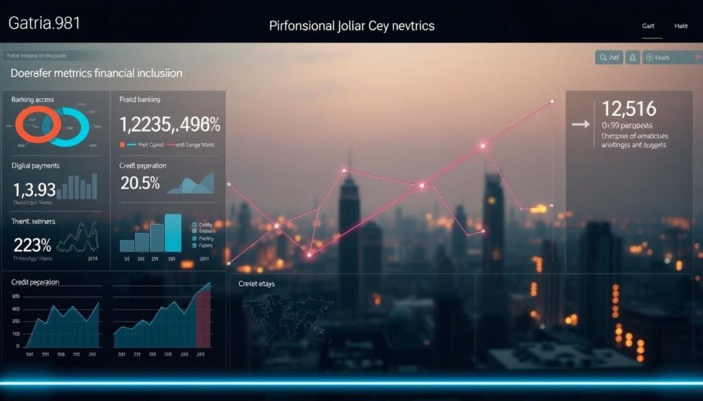 A meticulous data visualization showcasing the key metrics for financial inclusion. In the foreground, a sleek dashboard with interactive charts and graphs displaying statistics on banking access, digital payments, and credit penetration. The middle ground features abstract geometric shapes and lines, representing the interconnected financial systems. In the background, a subdued cityscape bathed in warm, diffused lighting, symbolizing the real-world impact of financial inclusion. The overall tone is one of analytical precision, technological sophistication, and a sense of progress towards greater financial equity. A meticulous data visualization showcasing the key metrics for financial inclusion. In the foreground, a sleek dashboard with interactive charts and graphs displaying statistics on banking access, digital payments, and credit penetration. The middle ground features abstract geometric shapes and lines, representing the interconnected financial systems. In the background, a subdued cityscape bathed in warm, diffused lighting, symbolizing the real-world impact of financial inclusion. The overall tone is one of analytical precision, technological sophistication, and a sense of progress towards greater financial equity.