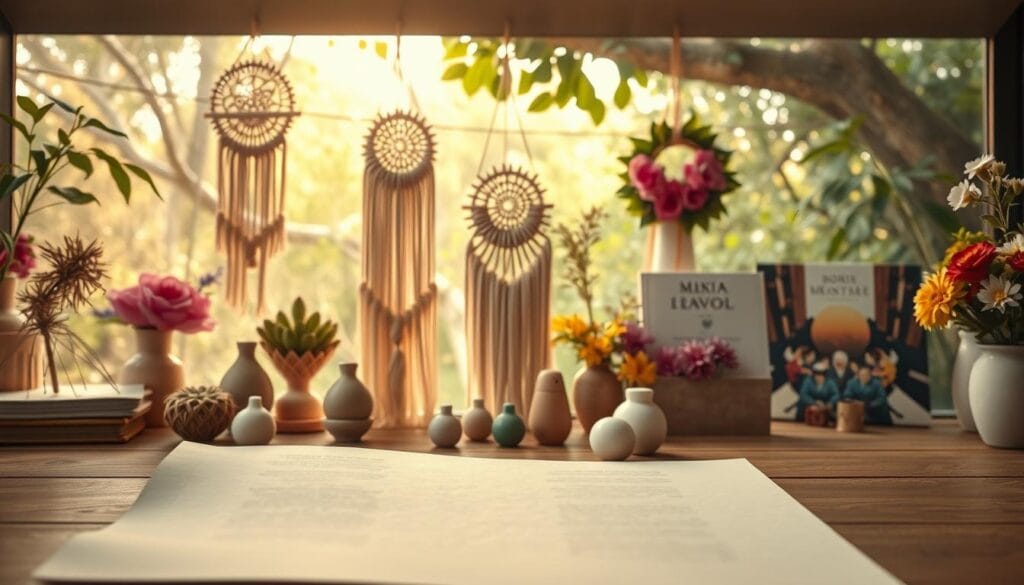 A meticulously crafted creative portfolio design, showcasing a harmonious blend of handmade crafts, nature-inspired photography, and captivating audiobook covers. The foreground features a sleek, minimalist portfolio presentation with textured paper stock and muted color accents. In the middle ground, an artfully arranged display of handmade ceramic figurines, intricate macrame wall hangings, and vibrant floral arrangements. The background is a softly lit, natural setting with lush greenery and warm, golden lighting, creating a serene and inviting atmosphere. The overall composition exudes a sense of artistry, creativity, and a passion for crafting unique and engaging content.