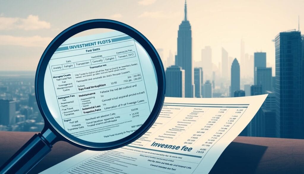 A meticulously crafted illustration depicting the intricacies of investment fees and costs. In the foreground, a magnifying glass hovers over a detailed report, exposing the intricate web of management fees, expense ratios, and transaction costs. The middle ground features a sleek, minimalist financial dashboard, showcasing various investment options and their associated fees. In the background, a towering cityscape represents the complex landscape of the financial world, its skyscrapers casting long shadows that symbolize the impact of these hidden costs on an investor's portfolio. The overall composition conveys a sense of precision, transparency, and the importance of understanding the true cost of investing.