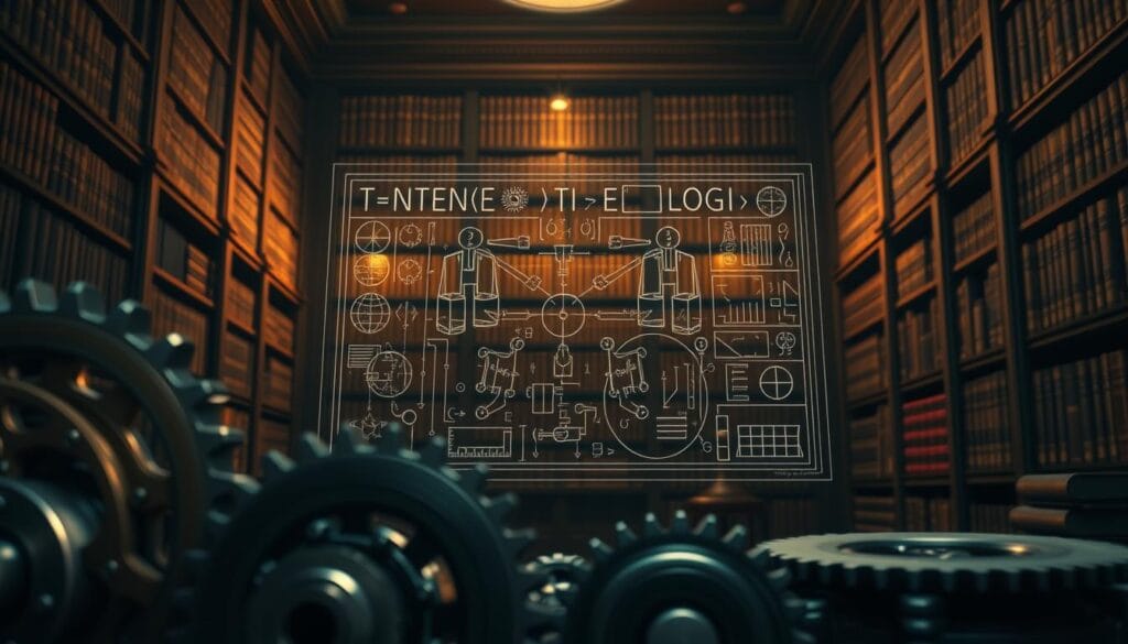 A meticulously crafted illustration of the logical reasoning foundations that shaped the history of artificial intelligence. In the foreground, a series of precision gears and cogs, symbolizing the intricate mechanisms of logic and reasoning. The middle ground features a blueprint-like diagram, with mathematically precise symbols and equations, representing the core principles and theorems that form the bedrock of AI. In the background, a dimly lit academic library, with towering shelves of leather-bound volumes, a nod to the intellectual heritage that inspired the field. The lighting is soft and warm, creating a contemplative, almost scholarly atmosphere. The overall composition evokes a sense of timeless wisdom and the relentless pursuit of understanding the nature of intelligence. A meticulously crafted illustration of the logical reasoning foundations that shaped the history of artificial intelligence. In the foreground, a series of precision gears and cogs, symbolizing the intricate mechanisms of logic and reasoning. The middle ground features a blueprint-like diagram, with mathematically precise symbols and equations, representing the core principles and theorems that form the bedrock of AI. In the background, a dimly lit academic library, with towering shelves of leather-bound volumes, a nod to the intellectual heritage that inspired the field. The lighting is soft and warm, creating a contemplative, almost scholarly atmosphere. The overall composition evokes a sense of timeless wisdom and the relentless pursuit of understanding the nature of intelligence.