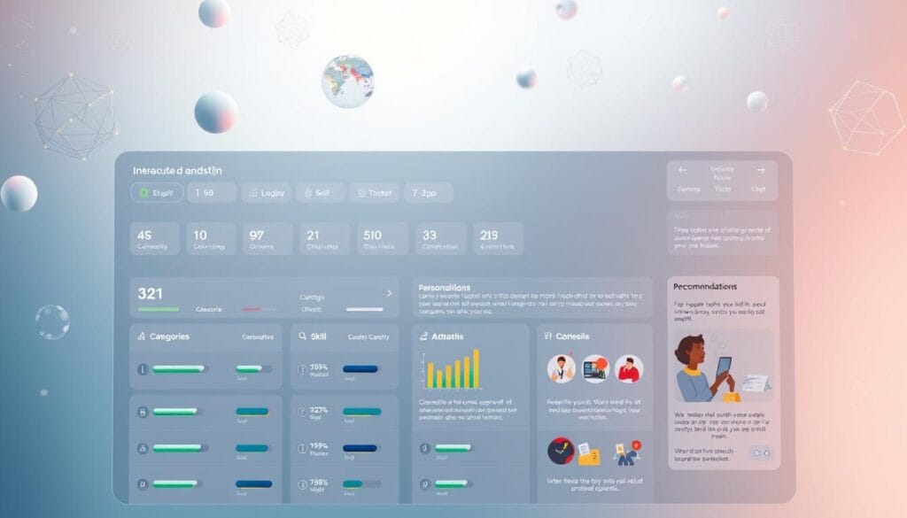 A meticulously crafted skills assessment dashboard in a clean, modern design, set against a serene backdrop of floating data visualizations and abstract geometric forms. The foreground features a grid of interactive skill categories, each with intuitive icons and dynamic progress bars representing the user's proficiency. The middle ground showcases personalized recommendations for promising side hustles based on the user's strengths, highlighted with warm, inviting illustrations. The background bathes the scene in a soft, diffused light, creating a thoughtful, introspective atmosphere for personal reflection and growth. A meticulously crafted skills assessment dashboard in a clean, modern design, set against a serene backdrop of floating data visualizations and abstract geometric forms. The foreground features a grid of interactive skill categories, each with intuitive icons and dynamic progress bars representing the user's proficiency. The middle ground showcases personalized recommendations for promising side hustles based on the user's strengths, highlighted with warm, inviting illustrations. The background bathes the scene in a soft, diffused light, creating a thoughtful, introspective atmosphere for personal reflection and growth.
