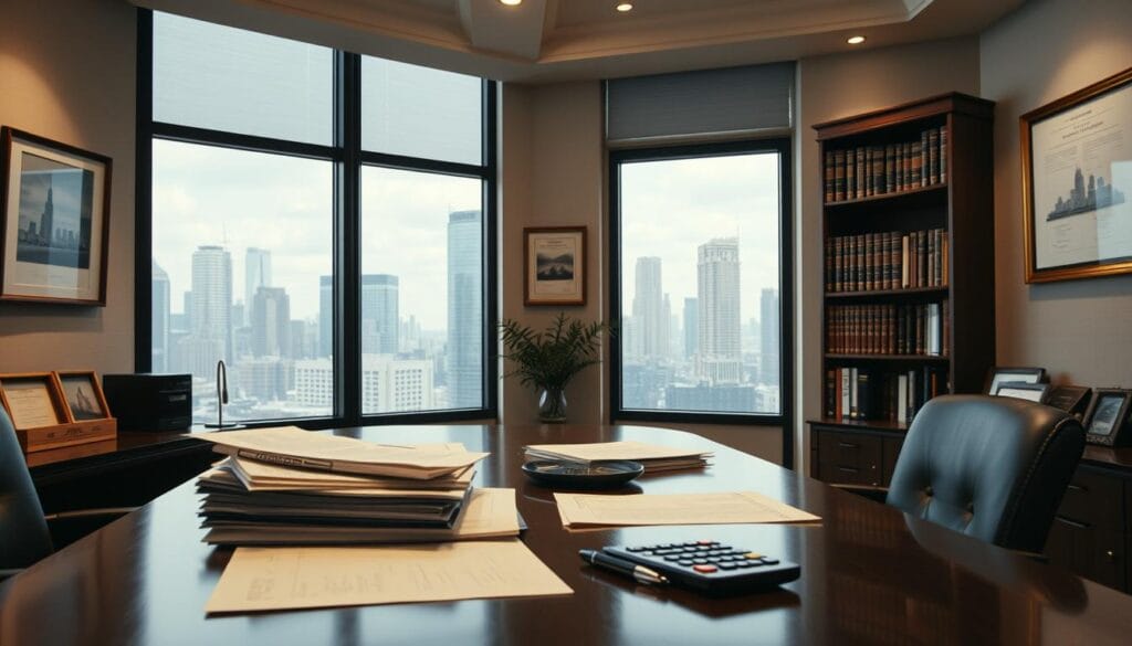 A meticulously designed office interior with a large window overlooking a cityscape. On the desk, there are stacks of documents, a calculator, and a pen. The lighting is soft and warm, creating a professional and inviting atmosphere. The walls are adorned with framed artwork and certificates, hinting at the expertise of the occupant. In the background, a bookshelf filled with legal tomes and financial reference materials adds a sense of authority and knowledge. The overall scene conveys the seriousness and importance of understanding the fundamentals of real estate taxation.