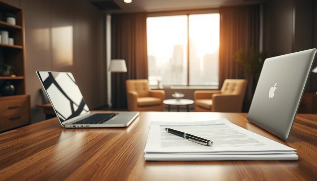 A meticulously designed office interior, with a prominent wooden desk in the foreground. On the desk, a laptop, a stack of documents, and a pen symbolizing debt consolidation. The middle ground features a pair of comfortable armchairs, suggesting a collaborative atmosphere. The background showcases a large window overlooking a cityscape, bathed in warm, natural lighting. The overall mood is one of professionalism, financial control, and a sense of resolution. The composition emphasizes the centrality of debt consolidation as a viable financial solution. A meticulously designed office interior, with a prominent wooden desk in the foreground. On the desk, a laptop, a stack of documents, and a pen symbolizing debt consolidation. The middle ground features a pair of comfortable armchairs, suggesting a collaborative atmosphere. The background showcases a large window overlooking a cityscape, bathed in warm, natural lighting. The overall mood is one of professionalism, financial control, and a sense of resolution. The composition emphasizes the centrality of debt consolidation as a viable financial solution.