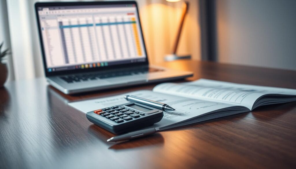 A meticulously detailed financial report lies open on a polished wooden desk, illuminated by warm, directional lighting casting subtle shadows. In the foreground, a calculator and pen rest neatly, conveying a sense of precision and diligence. The middle ground features a laptop displaying a spreadsheet, emphasizing the digital nature of modern accounting. The background is softly blurred, suggesting the broader context of a professional office environment. The overall mood is one of careful analysis, accuracy, and responsible financial management. A meticulously detailed financial report lies open on a polished wooden desk, illuminated by warm, directional lighting casting subtle shadows. In the foreground, a calculator and pen rest neatly, conveying a sense of precision and diligence. The middle ground features a laptop displaying a spreadsheet, emphasizing the digital nature of modern accounting. The background is softly blurred, suggesting the broader context of a professional office environment. The overall mood is one of careful analysis, accuracy, and responsible financial management.