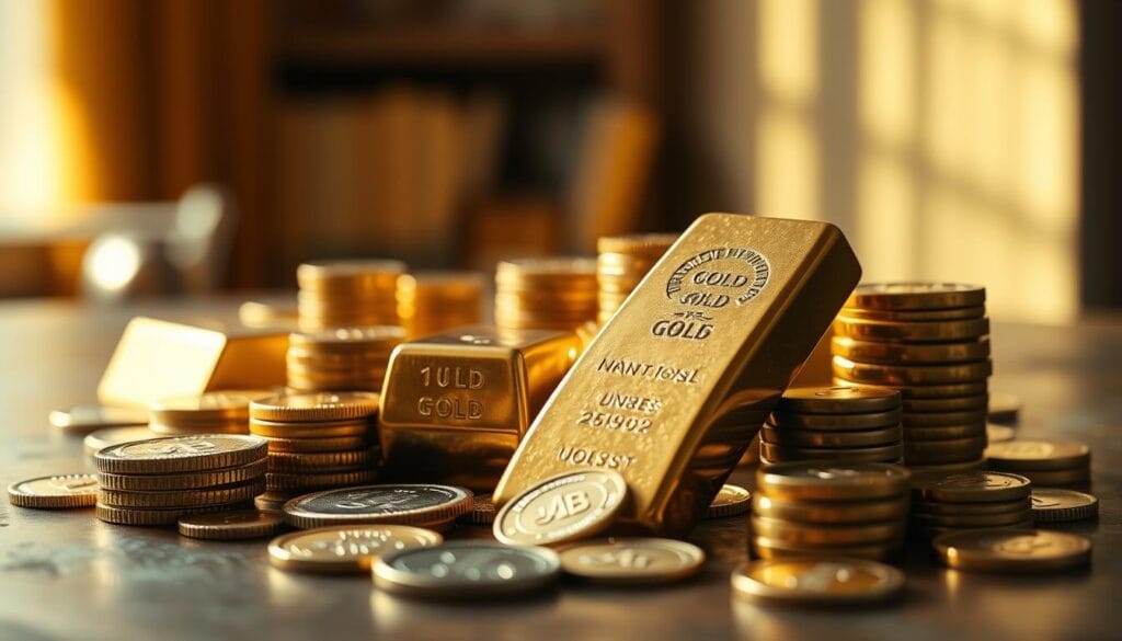 A meticulously detailed still life composition featuring a collection of physical gold bars and coins in a warm, soft-lit setting. The bars are positioned prominently in the foreground, capturing the lustrous sheen and heft of the precious metal. Scattered around them are various gold coins, some stacked neatly, others arranged in a visually appealing manner. The middle ground showcases the textural contrast between the smooth, polished bars and the slightly worn, patterned surfaces of the coins. The background is slightly blurred, creating a sense of depth and focus on the central elements. The overall lighting is natural and diffused, casting gentle shadows and highlights to accentuate the three-dimensional quality of the gold. The mood is one of wealth, stability, and the tangible value of this timeless investment. A meticulously detailed still life composition featuring a collection of physical gold bars and coins in a warm, soft-lit setting. The bars are positioned prominently in the foreground, capturing the lustrous sheen and heft of the precious metal. Scattered around them are various gold coins, some stacked neatly, others arranged in a visually appealing manner. The middle ground showcases the textural contrast between the smooth, polished bars and the slightly worn, patterned surfaces of the coins. The background is slightly blurred, creating a sense of depth and focus on the central elements. The overall lighting is natural and diffused, casting gentle shadows and highlights to accentuate the three-dimensional quality of the gold. The mood is one of wealth, stability, and the tangible value of this timeless investment.