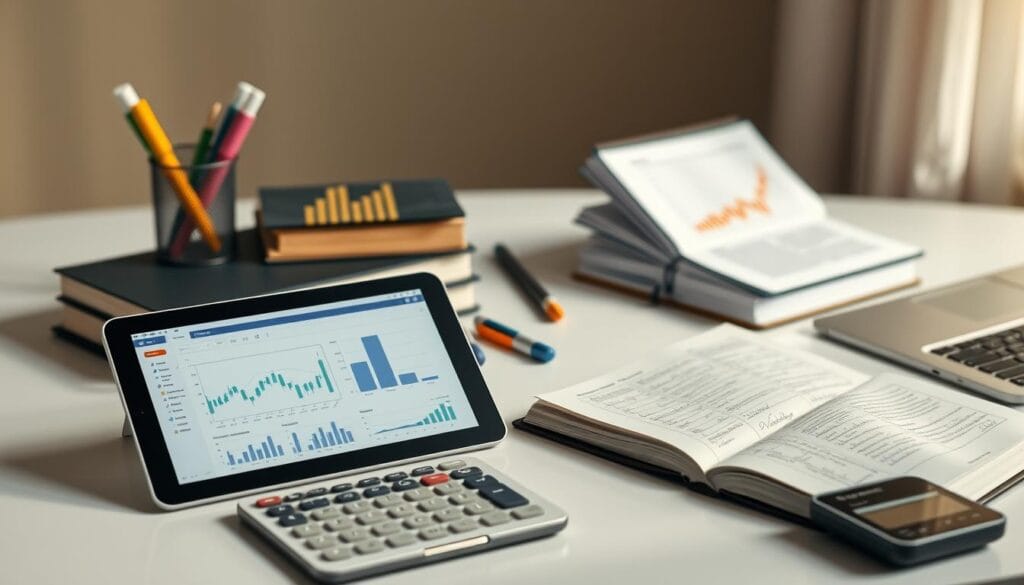 A minimalist, clean-lined composition showcasing a variety of financial learning tools. In the foreground, sleek digital tablets and calculators are arranged neatly, their screens displaying graphs, charts, and interactive financial dashboards. In the middle ground, hardcover textbooks and notebooks with handwritten notes create a sense of traditional learning. The background features a soft, blurred backdrop of office materials - pens, highlighters, and a modern laptop, all bathed in warm, directional lighting that casts subtle shadows, conveying a professional, educational atmosphere conducive to financial study and growth.