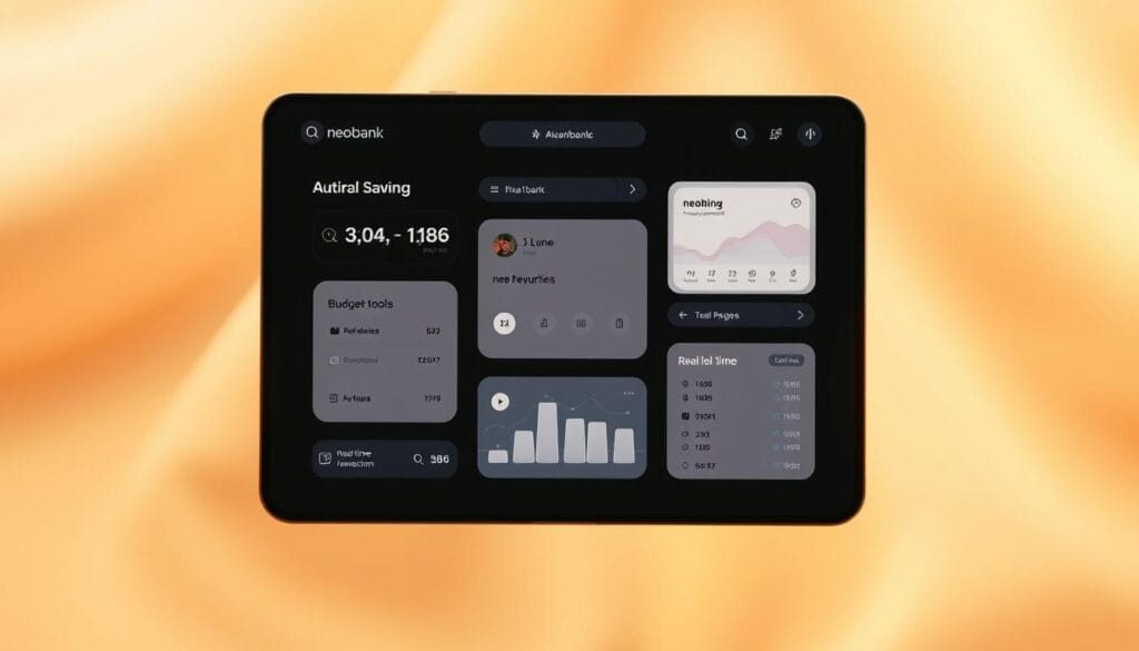 A minimalist, clean-lined digital banking interface floats against a soft, blurred background. The foreground displays interactive tiles showcasing various neobank features - automatic savings, budgeting tools, mobile check deposits, and real-time transaction tracking. The UI is sleek and intuitive, with muted color palettes and elegant typography. Warm, diffused lighting casts a serene, futuristic ambiance, while the camera angle suggests an overhead, birds-eye perspective to emphasize the interface's user-centric design. The overall mood is one of effortless financial organization and control, reflecting the modern, automated capabilities of the neobank experience.