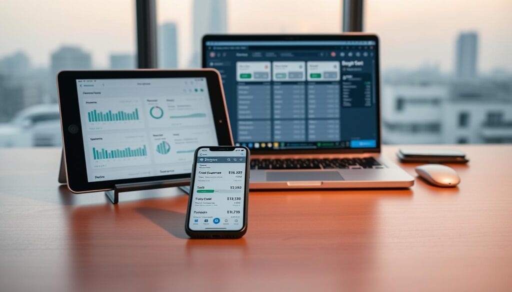 A minimalist, elegant workspace with an array of digital budgeting tools neatly arranged on a sleek, wooden desk. In the foreground, a smartphone displays a finance app dashboard with clear visualizations of income, expenses, and savings goals. Beside it, a tablet showcases budgeting spreadsheets and categorized transactions. In the middle ground, a laptop screen displays a budget-tracking app with intuitive interfaces and customizable settings. The background features a subtle, blurred skyline through a large window, creating a serene, productive atmosphere. Soft, diffused lighting illuminates the scene, emphasizing the clean, modern aesthetic of the budgeting technology.
