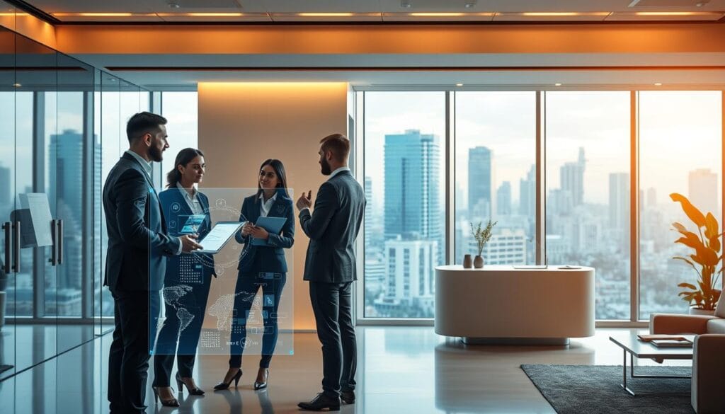 A modern AI consulting office with sleek interior design and state-of-the-art technology. The foreground features a team of professionals collaborating on a virtual holographic display, deep in discussion about AI-powered business solutions. The middle ground showcases a minimalist reception area with a large window overlooking a bustling cityscape in the background. Warm lighting illuminates the space, creating a productive and innovative atmosphere. The scene conveys the expertise, innovation, and collaborative nature of AI consulting services.