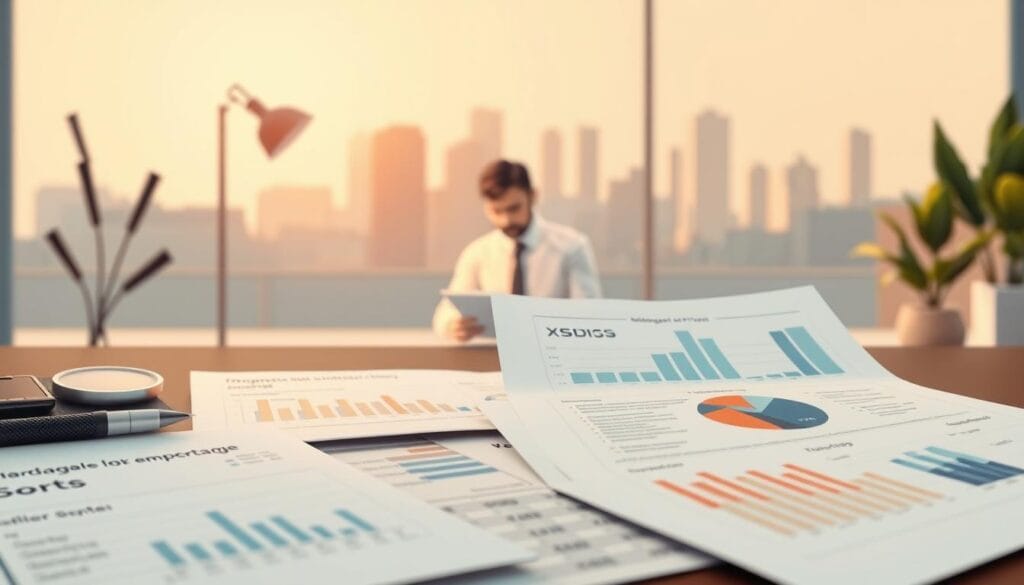 A modern and analytical illustration of the key factors affecting mortgage approval, captured in a clean, minimalist style. In the foreground, various financial documents and graphs are neatly arranged, conveying the data-driven nature of the mortgage approval process. The middle ground features a thoughtful illustration of a loan officer reviewing application materials under warm, focused lighting. In the background, a stylized cityscape hints at the broader economic context. The overall mood is one of professionalism, clarity, and attention to detail - reflecting the critical decisions that shape the mortgage landscape for first-time buyers.