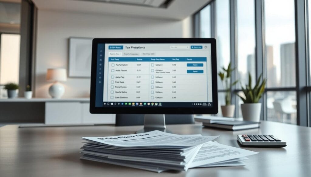 A modern and clean office setting, with a desktop computer display showing a tax preparation software interface. In the foreground, various state filing options are prominently featured, with clear icons and labels. The mid-ground showcases a stack of tax documents and a calculator, creating a sense of organized financial management. The background features a minimalist decor, with a large window overlooking a skyline, bathing the scene in natural, soft lighting. The overall atmosphere conveys efficiency, professionalism, and the confidence needed to navigate state tax filing seamlessly.