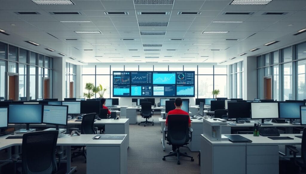 A modern and efficient back-office operations center, with a clean and minimalist aesthetic. In the foreground, neatly organized workstations with state-of-the-art computers and ergonomic furniture, conveying a sense of productivity and attention to detail. The middle ground features a large video wall displaying real-time data visualizations and analytics, enabling quick decision-making. The background showcases an open, well-lit space with floor-to-ceiling windows, allowing natural light to flood the area and create a bright, airy atmosphere. The overall scene conveys a seamless, technology-driven workflow that optimizes efficiency, compliance, and client satisfaction. A modern and efficient back-office operations center, with a clean and minimalist aesthetic. In the foreground, neatly organized workstations with state-of-the-art computers and ergonomic furniture, conveying a sense of productivity and attention to detail. The middle ground features a large video wall displaying real-time data visualizations and analytics, enabling quick decision-making. The background showcases an open, well-lit space with floor-to-ceiling windows, allowing natural light to flood the area and create a bright, airy atmosphere. The overall scene conveys a seamless, technology-driven workflow that optimizes efficiency, compliance, and client satisfaction.