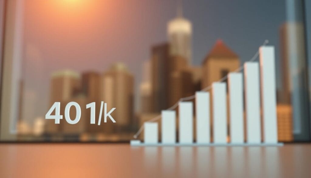 A modern and minimalist 401(k) retirement plan illustration. In the foreground, a clean and sleek 401(k) icon or symbol, rendered in soft, neutral tones. In the middle ground, a stylized bar chart or graph visualizing investment growth and compound returns over time. The background features a blurred, out-of-focus cityscape or skyline, conveying a sense of financial security and future-forward planning. The overall mood is one of simplicity, stability, and long-term wealth-building. Warm, diffused lighting from the upper left casts a gentle glow across the scene. Captured with a wide-angle lens to emphasize the depth and scale of the 401(k) plan.