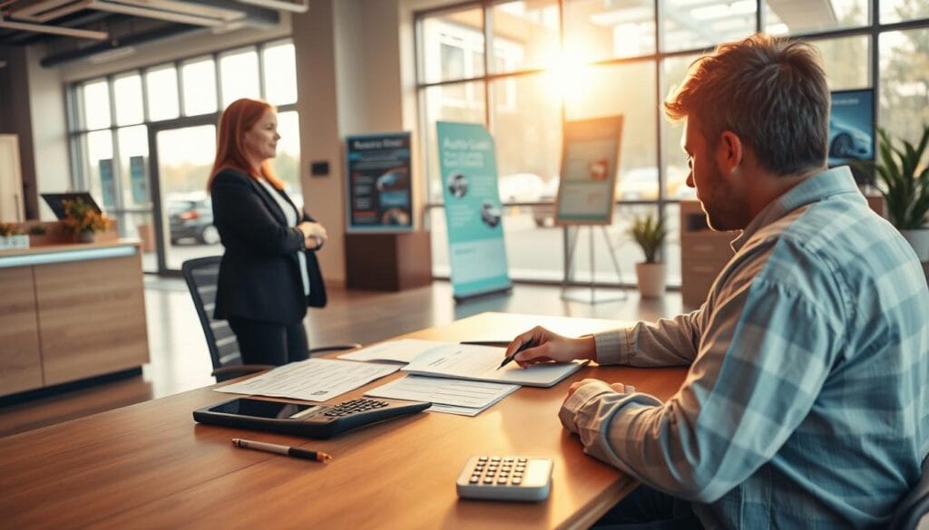 A modern and welcoming office interior, with warm natural lighting filtering through large windows. In the foreground, a person sits at a desk, diligently filling out an auto loan application on a laptop. On the desk, there are various documents, a pen, and a calculator, creating a sense of the steps involved in the loan application process. In the middle ground, an advisor stands next to the applicant, offering guidance and assistance. The background features informative posters or screens displaying helpful information about the auto loan process. The overall atmosphere conveys a sense of professionalism, approachability, and the support available to the applicant throughout the loan application journey. A modern and welcoming office interior, with warm natural lighting filtering through large windows. In the foreground, a person sits at a desk, diligently filling out an auto loan application on a laptop. On the desk, there are various documents, a pen, and a calculator, creating a sense of the steps involved in the loan application process. In the middle ground, an advisor stands next to the applicant, offering guidance and assistance. The background features informative posters or screens displaying helpful information about the auto loan process. The overall atmosphere conveys a sense of professionalism, approachability, and the support available to the applicant throughout the loan application journey.