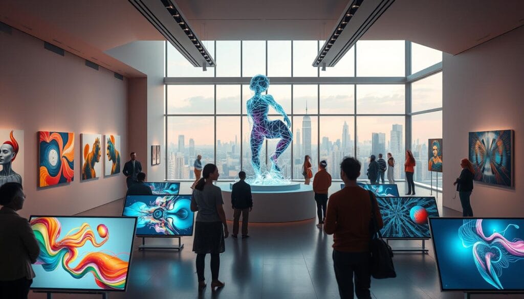 A modern art gallery showcasing a diverse collection of AI-generated artworks. The gallery interior is bathed in warm, diffused lighting, with sleek, minimalist walls and clean lines. In the foreground, various digital canvases display abstract, colorful compositions created by advanced machine learning algorithms. Visitors gaze in awe, contemplating the creative potential of artificial intelligence. In the middle ground, a central podium exhibits a larger-than-life holographic sculpture, its form shifting and morphing in mesmerizing patterns. The background features floor-to-ceiling windows, offering a panoramic view of a futuristic cityscape, hinting at the limitless possibilities of this emerging art form. A modern art gallery showcasing a diverse collection of AI-generated artworks. The gallery interior is bathed in warm, diffused lighting, with sleek, minimalist walls and clean lines. In the foreground, various digital canvases display abstract, colorful compositions created by advanced machine learning algorithms. Visitors gaze in awe, contemplating the creative potential of artificial intelligence. In the middle ground, a central podium exhibits a larger-than-life holographic sculpture, its form shifting and morphing in mesmerizing patterns. The background features floor-to-ceiling windows, offering a panoramic view of a futuristic cityscape, hinting at the limitless possibilities of this emerging art form.