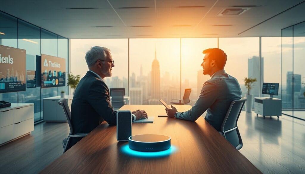 A modern, brightly lit office interior with a sleek, minimalist design. In the foreground, a person sits at a wooden desk, engaged in a conversational exchange with a discreet voice-activated virtual assistant device on the desk. The assistant's response appears as a holographic display hovering above the device. The middle ground features an array of high-tech banking and finance tools, such as interactive screens, digital dashboards, and voice-control interfaces. The background showcases a panoramic city skyline, symbolizing the integration of advanced financial technologies into the urban landscape. The overall atmosphere conveys a sense of efficiency, innovation, and the seamless fusion of human and artificial intelligence in managing personal finances. A modern, brightly lit office interior with a sleek, minimalist design. In the foreground, a person sits at a wooden desk, engaged in a conversational exchange with a discreet voice-activated virtual assistant device on the desk. The assistant's response appears as a holographic display hovering above the device. The middle ground features an array of high-tech banking and finance tools, such as interactive screens, digital dashboards, and voice-control interfaces. The background showcases a panoramic city skyline, symbolizing the integration of advanced financial technologies into the urban landscape. The overall atmosphere conveys a sense of efficiency, innovation, and the seamless fusion of human and artificial intelligence in managing personal finances.