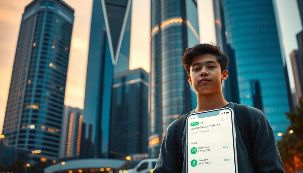 A modern cityscape at dusk, with sleek high-rise buildings in the background bathed in warm, golden light. In the foreground, a young person standing in front of a large digital screen displaying a cash advance app interface, their face lit by the soft glow of the device. The scene conveys a sense of convenience, accessibility, and the integration of financial technology into daily urban life. The camera angle is slightly elevated, creating a sense of perspective and emphasizing the urban environment. The lighting is soft and atmospheric, adding a sense of modernity and sophistication to the image.