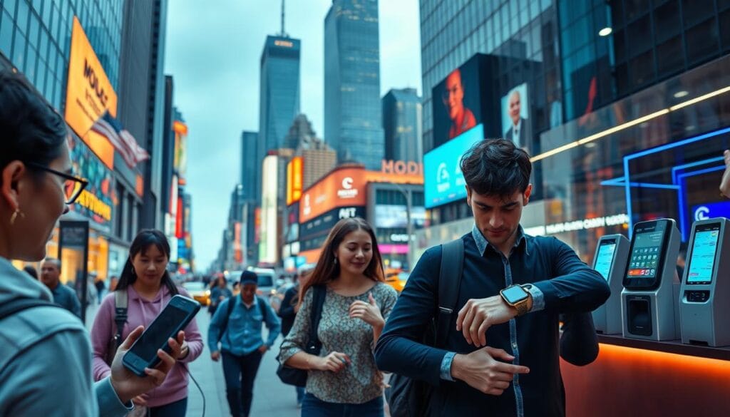 A modern cityscape with a bustling street scene, with pedestrians and vehicles. In the foreground, several individuals are using contactless payment methods, such as waving their smartphones or tapping their smartwatches against payment terminals. The middle ground features various payment terminals, including sleek, minimalist designs, mounted on counters and walls. The background depicts towering skyscrapers, reflecting the skyline, and a vibrant, neon-lit atmosphere, conveying a sense of a technologically advanced, futuristic urban environment. The lighting is clean, crisp, and evenly distributed, accentuating the smooth, seamless nature of the contactless payment transactions. A modern cityscape with a bustling street scene, with pedestrians and vehicles. In the foreground, several individuals are using contactless payment methods, such as waving their smartphones or tapping their smartwatches against payment terminals. The middle ground features various payment terminals, including sleek, minimalist designs, mounted on counters and walls. The background depicts towering skyscrapers, reflecting the skyline, and a vibrant, neon-lit atmosphere, conveying a sense of a technologically advanced, futuristic urban environment. The lighting is clean, crisp, and evenly distributed, accentuating the smooth, seamless nature of the contactless payment transactions.