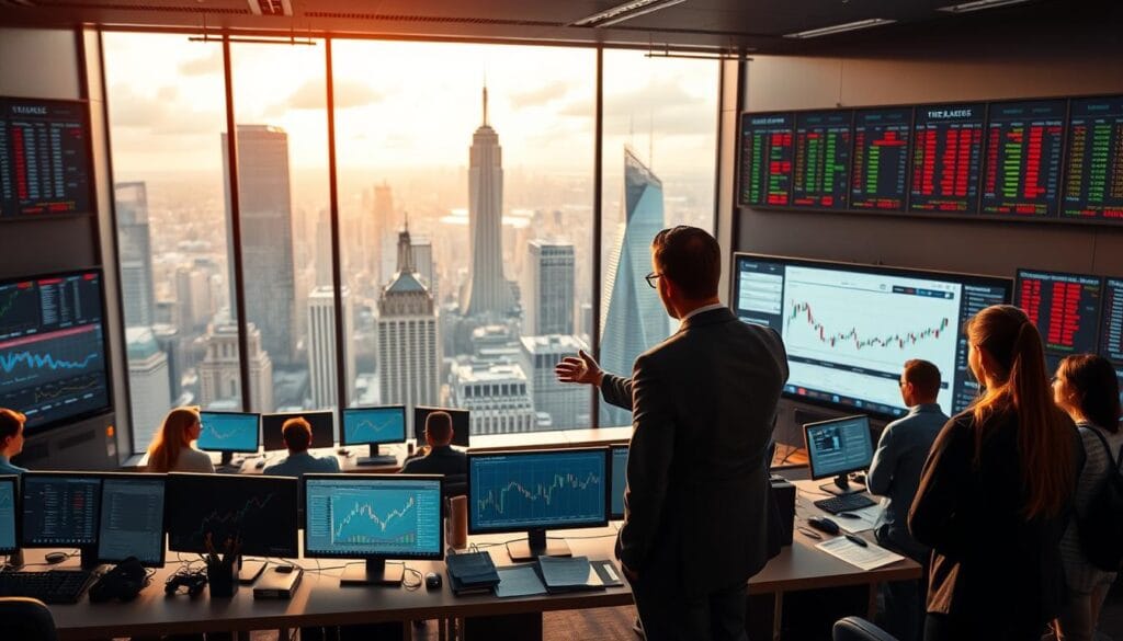 A modern classroom setting with an array of trading screens and data visualizations. In the foreground, a financial advisor stands with an engaged group of students, gesturing towards a large interactive display board. The middle ground features a mix of trading terminals, charts, and educational materials. The background showcases a panoramic view of a bustling financial district, with towering skyscrapers and a vibrant cityscape. Warm, directional lighting casts a professional, authoritative atmosphere, while the camera angle is slightly elevated to convey a sense of expertise and guidance. The overall scene evokes a comprehensive, immersive futures trading education experience. A modern classroom setting with an array of trading screens and data visualizations. In the foreground, a financial advisor stands with an engaged group of students, gesturing towards a large interactive display board. The middle ground features a mix of trading terminals, charts, and educational materials. The background showcases a panoramic view of a bustling financial district, with towering skyscrapers and a vibrant cityscape. Warm, directional lighting casts a professional, authoritative atmosphere, while the camera angle is slightly elevated to convey a sense of expertise and guidance. The overall scene evokes a comprehensive, immersive futures trading education experience.