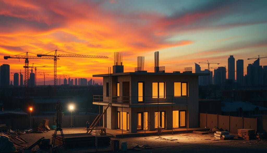 A modern construction site at dusk, with a partially built two-story house in the foreground, surrounded by construction equipment, scaffolding, and piles of building materials. The warm glow of floodlights illuminates the scene, casting long shadows across the unfinished structure. In the background, a row of cranes and towering skyscrapers silhouetted against a vibrant orange-and-purple sky, suggesting an urban setting. The overall atmosphere conveys the sense of progress, potential, and the tangible realization of a dream home. A modern construction site at dusk, with a partially built two-story house in the foreground, surrounded by construction equipment, scaffolding, and piles of building materials. The warm glow of floodlights illuminates the scene, casting long shadows across the unfinished structure. In the background, a row of cranes and towering skyscrapers silhouetted against a vibrant orange-and-purple sky, suggesting an urban setting. The overall atmosphere conveys the sense of progress, potential, and the tangible realization of a dream home.