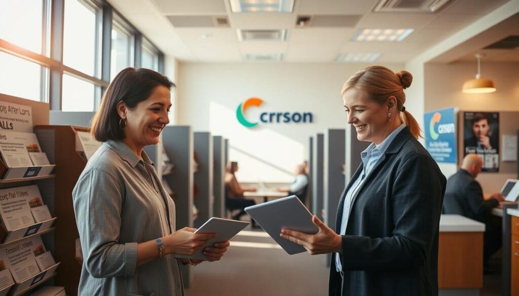 A modern credit union office interior, bathed in warm, natural lighting through large windows. In the foreground, a smiling credit union employee assists a customer reviewing Payday Alternative Loan (PAL) documents on a tablet. Behind them, shelves display educational materials on PALs and other credit union services. The middle ground features a row of private meeting booths, where other customers discuss their financial needs. In the background, the credit union's logo and branding are prominently displayed, conveying a sense of trust and community. The overall scene exudes professionalism, approachability, and a commitment to providing accessible, responsible financial solutions.