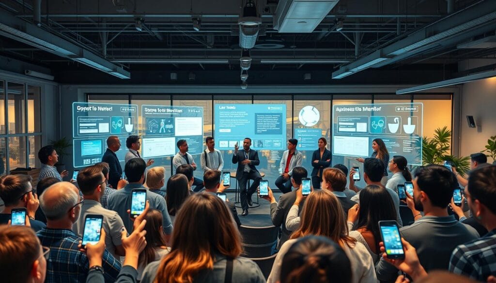 A modern crowdfunding scene for startups, captured with a wide-angle lens. In the foreground, a diverse group of entrepreneurs pitch their ideas to a panel of attentive investors, surrounded by holographic displays showcasing their products and business models. The middle ground features a bustling crowd of potential backers, their smartphones raised as they browse through campaign details. In the background, a sleek, futuristic office space with floor-to-ceiling windows provides an inspiring setting, bathed in warm, diffused lighting. The atmosphere conveys a sense of innovation, collaboration, and the dynamic energy of the startup ecosystem.