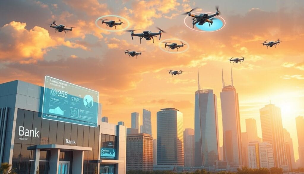 A modern digital banking metropolis set against a vibrant futuristic skyline. In the foreground, sleek and minimalist bank buildings with clean lines and glass facades reflect the cityscape. Holographic displays and floating interfaces showcase advanced banking technologies. Overhead, a network of automated drones and delivery vehicles symbolize the seamless integration of digital finance. The sky is bathed in a warm, golden glow, creating an atmosphere of progress and innovation. The scene conveys a sense of the revolutionary transformation happening in the banking industry, moving away from traditional brick-and-mortar branches towards a fully digital, customer-centric experience.