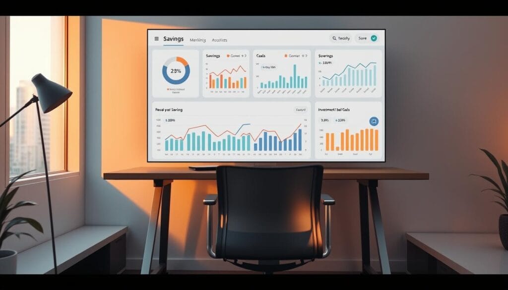 A modern, digital financial dashboard displaying neatly organized graphs, charts, and statistics tracking personal savings and investment goals. The UI is clean and intuitive, featuring interactive visuals and customizable views. Warm lighting from large windows casts a soft glow across the minimalist workspace, while a sleek, metal desk and ergonomic chair provide a professional, productive setting. The overall atmosphere is one of focus, clarity, and a sense of financial empowerment.