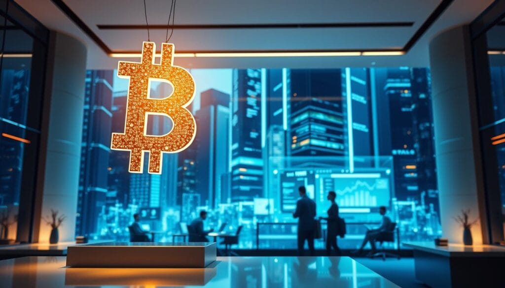 A modern finance center with a sleek, minimalist design. In the foreground, a stylized blockchain symbol made of shimmering digital elements floats above a desk, casting a warm glow. Middle ground features financial professionals collaborating around a transparent display showcasing blockchain data visualizations. The background is filled with futuristic skyscrapers bathed in cool, blue-tinted lighting, suggesting the efficiency and security of blockchain technology. Cinematic depth of field and dramatic lighting create a sense of innovation and progress in the world of supply chain finance. A modern finance center with a sleek, minimalist design. In the foreground, a stylized blockchain symbol made of shimmering digital elements floats above a desk, casting a warm glow. Middle ground features financial professionals collaborating around a transparent display showcasing blockchain data visualizations. The background is filled with futuristic skyscrapers bathed in cool, blue-tinted lighting, suggesting the efficiency and security of blockchain technology. Cinematic depth of field and dramatic lighting create a sense of innovation and progress in the world of supply chain finance.