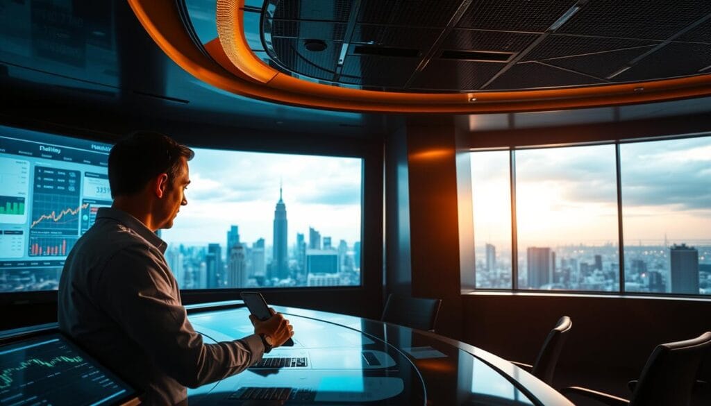 A modern financial control room with sleek glass and metal interfaces. Screens display real-time data visualizations, transaction histories, and portfolio analytics. In the foreground, a financial advisor reviews dashboard metrics using a touchscreen interface, their face illuminated by the soft glow of the screens. Surrounding them, a panoramic view of a bustling city skyline with towering skyscrapers in the background, evocative of the interconnectedness of global finance. Warm, directional lighting casts dramatic shadows, creating a sense of depth and professionalism. The overall atmosphere conveys a seamless integration of human expertise and cutting-edge financial technology. A modern financial control room with sleek glass and metal interfaces. Screens display real-time data visualizations, transaction histories, and portfolio analytics. In the foreground, a financial advisor reviews dashboard metrics using a touchscreen interface, their face illuminated by the soft glow of the screens. Surrounding them, a panoramic view of a bustling city skyline with towering skyscrapers in the background, evocative of the interconnectedness of global finance. Warm, directional lighting casts dramatic shadows, creating a sense of depth and professionalism. The overall atmosphere conveys a seamless integration of human expertise and cutting-edge financial technology.