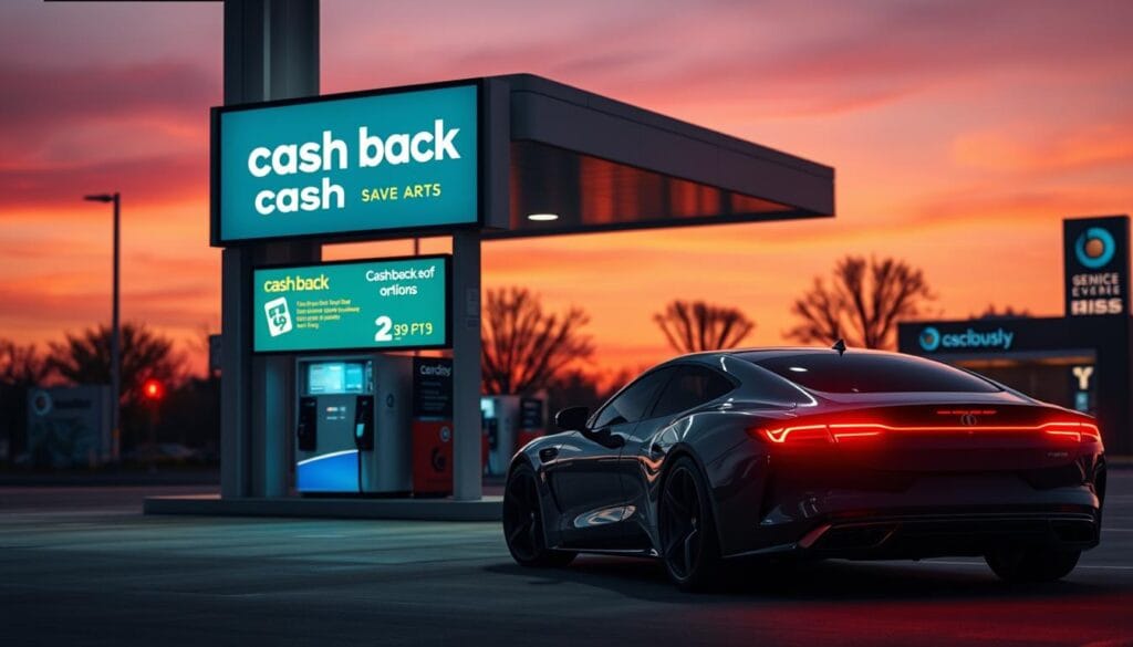 A modern gas station at dusk, the sky painted with warm hues of orange and purple. In the foreground, a sleek, futuristic-looking car pulls up to the pumps, its driver eager to take advantage of the lucrative cashback offer displayed on a large digital screen. The gas pumps emit a soft, ambient glow, inviting drivers to refuel and save. In the background, the station's branding and signage subtly convey the message of "cash back on gas," creating a visually appealing and informative scene. The lighting is balanced, casting subtle shadows and highlights to enhance the depth and realism of the image. The overall mood is one of convenience, savings, and a glimpse into the near future of the evolving retail fuel industry. A modern gas station at dusk, the sky painted with warm hues of orange and purple. In the foreground, a sleek, futuristic-looking car pulls up to the pumps, its driver eager to take advantage of the lucrative cashback offer displayed on a large digital screen. The gas pumps emit a soft, ambient glow, inviting drivers to refuel and save. In the background, the station's branding and signage subtly convey the message of "cash back on gas," creating a visually appealing and informative scene. The lighting is balanced, casting subtle shadows and highlights to enhance the depth and realism of the image. The overall mood is one of convenience, savings, and a glimpse into the near future of the evolving retail fuel industry.