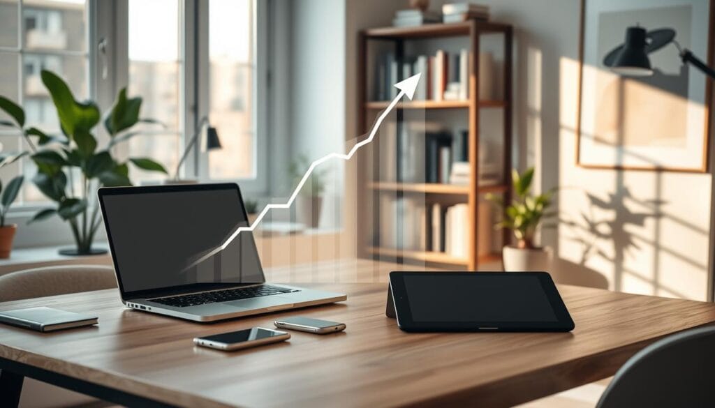 A modern home office with a laptop, smartphone, and digital tablet placed on a minimalist wooden desk. A stylized graph or chart representing growth and analytics hovers in the air, illuminated by soft, natural lighting from a large window. In the background, a bookshelf filled with books on online marketing and entrepreneurship, complemented by a houseplant and a framed piece of abstract art. The overall atmosphere conveys a sense of productivity, creativity, and the potential for monetizing digital content. A modern home office with a laptop, smartphone, and digital tablet placed on a minimalist wooden desk. A stylized graph or chart representing growth and analytics hovers in the air, illuminated by soft, natural lighting from a large window. In the background, a bookshelf filled with books on online marketing and entrepreneurship, complemented by a houseplant and a framed piece of abstract art. The overall atmosphere conveys a sense of productivity, creativity, and the potential for monetizing digital content.