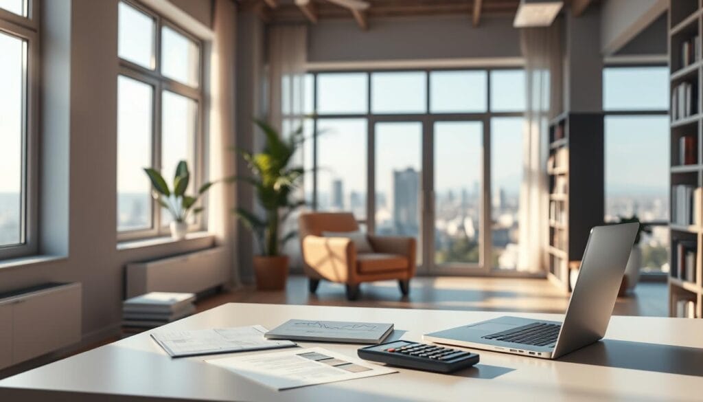 A modern home office with natural light streaming through large windows, showcasing a self-employed person's investment planning setup. In the foreground, a laptop, financial documents, and a calculator sit on a sleek, minimalist desk. Bookshelves line the walls, hinting at the owner's financial expertise. The middle ground features a comfortable armchair and a houseplant, creating a cozy, contemplative atmosphere. The background gradually blurs, revealing a cityscape or serene landscape, symbolizing the self-employed individual's long-term financial goals and retirement planning.