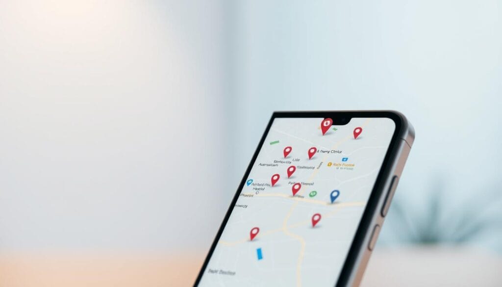 A modern insurance mobile app interface showcasing geolocation features. In the foreground, a smartphone display with a map highlighting nearby clinics, hospitals, and pharmacies. The map utilizes GPS, offering seamless navigation and real-time updates. In the middle ground, a user locates their position, pinpointing the closest in-network providers. The background depicts a minimalist UI design, with clean lines, muted tones, and subtle iconography conveying a sense of trust and efficiency. Soft ambient lighting and a slightly blurred depth of field create a calming, professional atmosphere, emphasizing the app's role in providing accessible, location-aware insurance services.