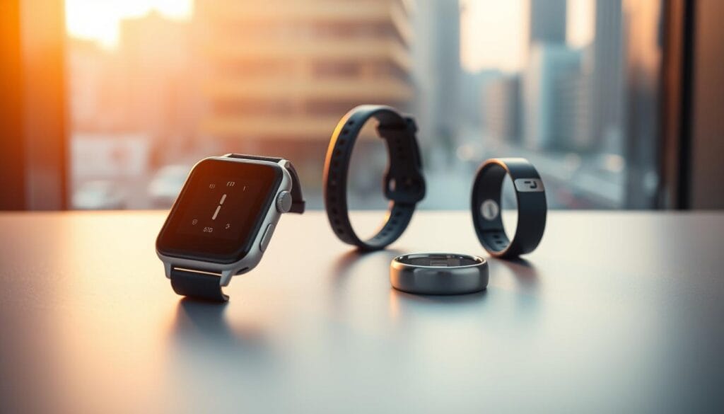 A modern, minimalist composition showcasing a range of wearable payment devices. In the foreground, a smartwatch with a contactless payment interface glimmers under warm, directional lighting. In the middle ground, a sleek fitness tracker and a ring with an embedded NFC chip rest on a smooth, neutral-toned surface. The background features a blurred cityscape, hinting at the ubiquity of these seamless payment solutions in an increasingly digital world. Captured with a shallow depth of field to emphasize the tactile, high-tech nature of these cutting-edge wearables. A modern, minimalist composition showcasing a range of wearable payment devices. In the foreground, a smartwatch with a contactless payment interface glimmers under warm, directional lighting. In the middle ground, a sleek fitness tracker and a ring with an embedded NFC chip rest on a smooth, neutral-toned surface. The background features a blurred cityscape, hinting at the ubiquity of these seamless payment solutions in an increasingly digital world. Captured with a shallow depth of field to emphasize the tactile, high-tech nature of these cutting-edge wearables.